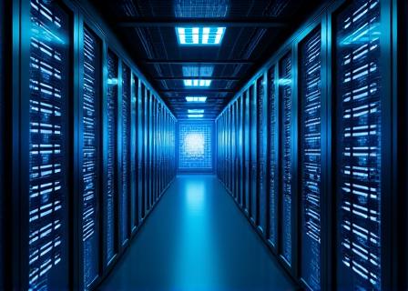 Secure server room with data stream visualization