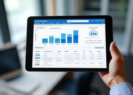 Modern office desk with tablet showing financial charts