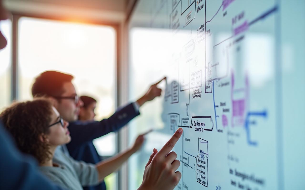 An enterprise technical team mapping out data architecture on a digital whiteboard